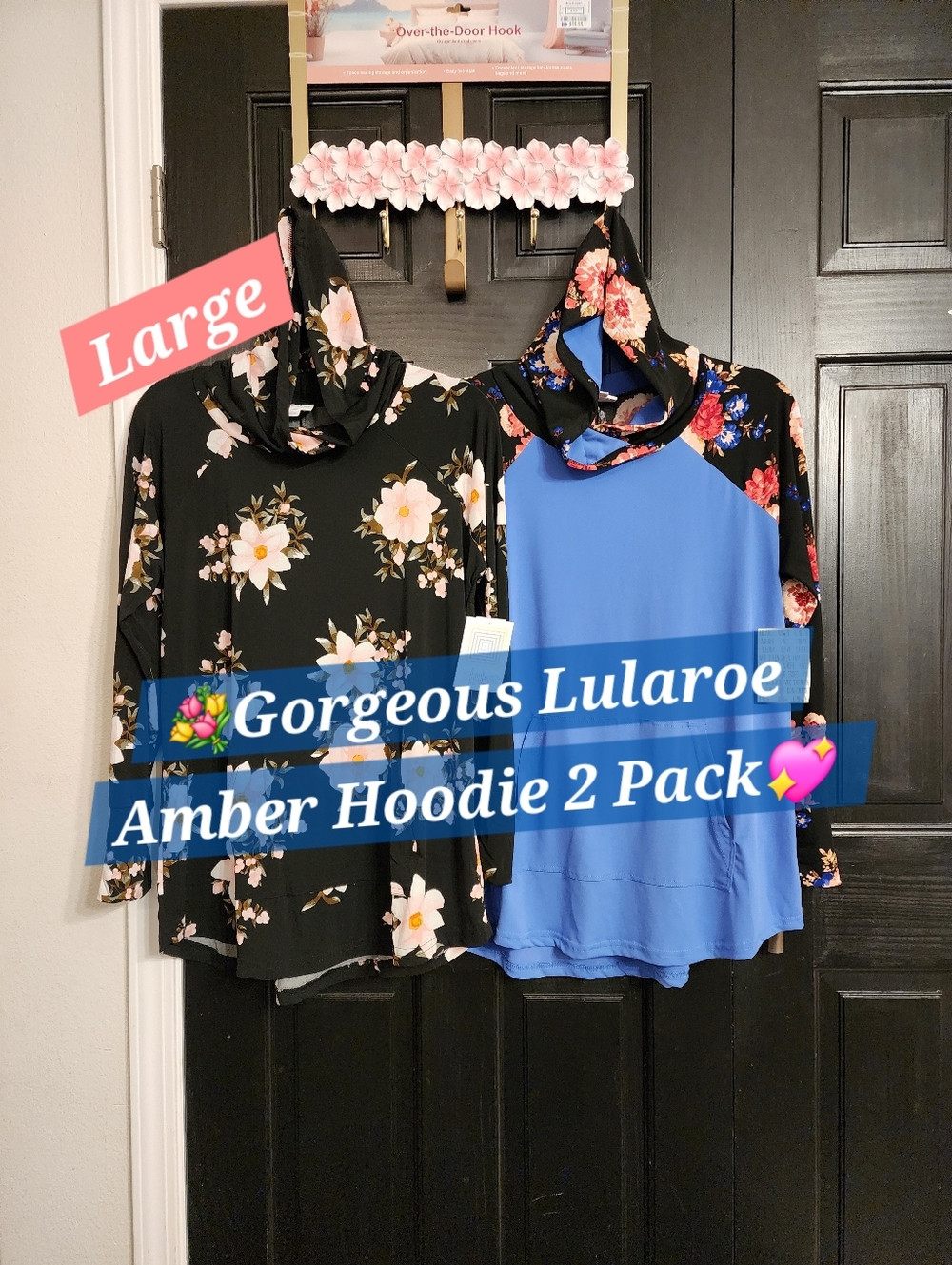 New Lularoe Amber Hoodie Floral Black Pink Blue Large Pullover Medium Like Alex